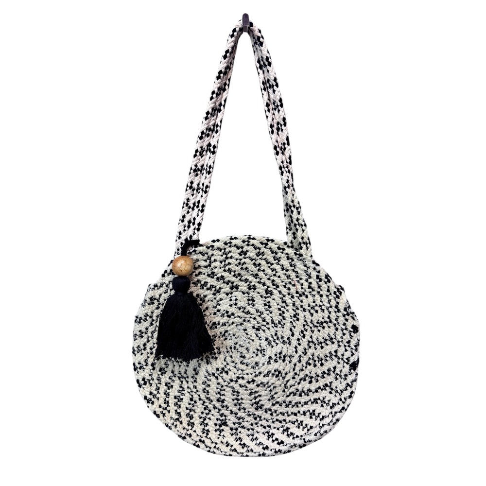 M&S Collection White Black Woven Cotton Round Shoulder Boho Bag‎ with Tassel